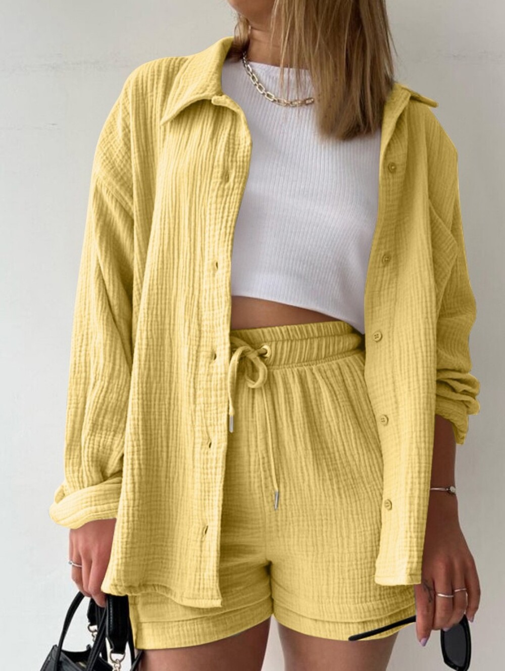 Joanna Button Up Shirt & Shorts Set - Yellow